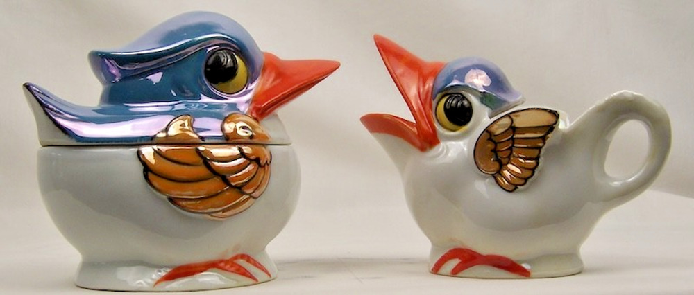 Vintage Takito Japan Lusterware Duck Creamer Sugar Bowl Set Kookaburra Big Mouth